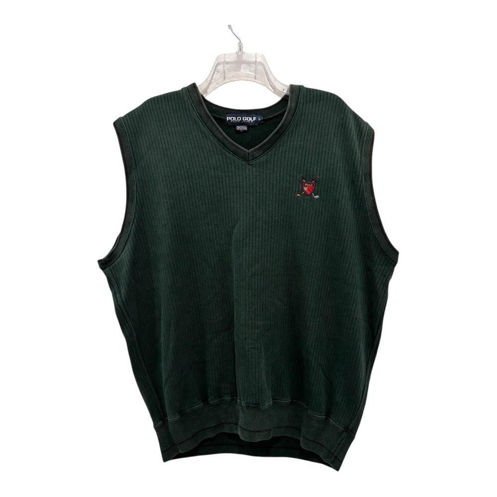 Vintage Polo Golf Ralph Lauren Sweater Vest Large Dark Green Ribbed‎ Crest Logo